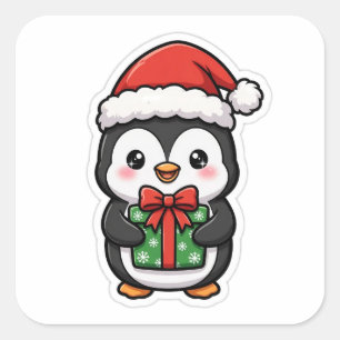 かわいいペンギンのサンタ帽子のクリスマスステッカー スクエアシール