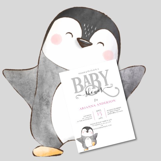 かわいいペンギンのジェンダー ニュートラル ベビーシャワー招待状 招待状