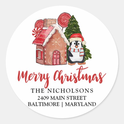 かわいいペンギンのジンジャーブレッド |差出人住所ラベル ラウンドシール (正面)