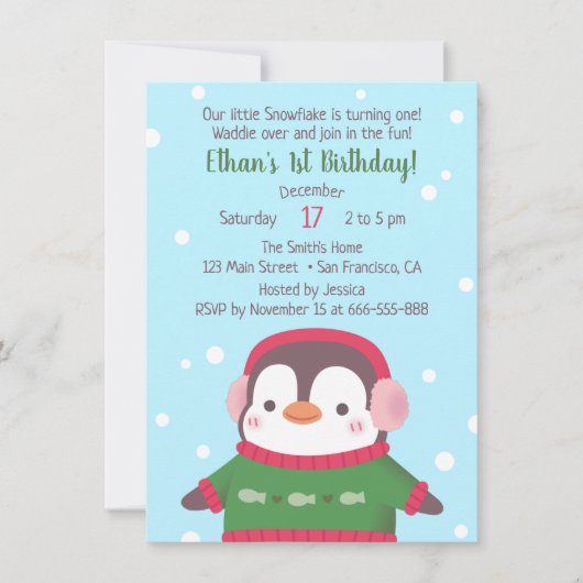 かわいいペンギンのセーターバースデーパーティ招待状 招待状 (正面)
