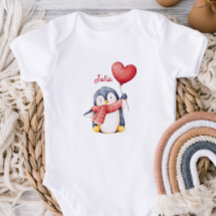 かわいいペンギンのデザインの赤ちゃん用ベビーボディスーツ（名入れ可能）