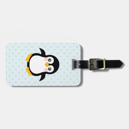 かわいいペンギンのデザインの青い水玉模様の背景 ラゲッジタグ (正面横)