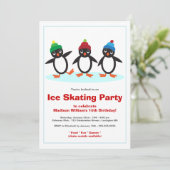 かわいいペンギンのトリオのアイススケートの誕生会 招待状 (スタンド正面)