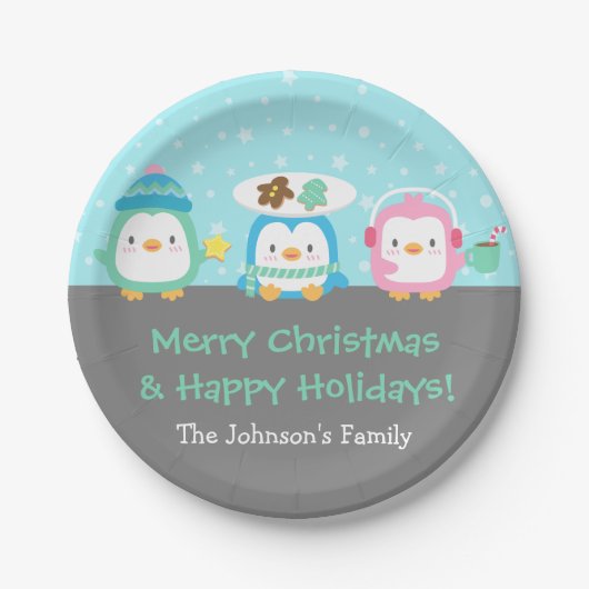 かわいいペンギンのメリークリスマスのパーティーの供給 ペーパープレート (正面)