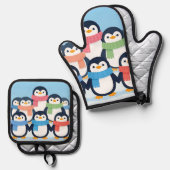 かわいいペンギンの冬のマフラー グループハグ 鍋つかみ&鍋敷きセット (正面/裏面)