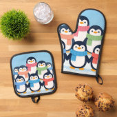 かわいいペンギンの冬のマフラー グループハグ 鍋つかみ&鍋敷きセット (トップダウン)