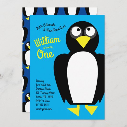 かわいいペンギンの冬の子どもたち1歳の誕生日パーティー 招待状 (正面/裏面)