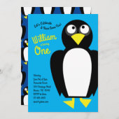 かわいいペンギンの冬の子供の1歳の誕生日パーティー 招待状 (正面/裏面)