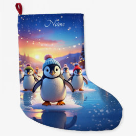 かわいいペンギンの冬の帽子ストッキング ラージクリスマスストッキング