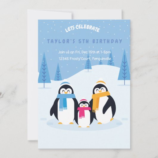 かわいいペンギンの冬の誕生日の招待状 招待状 (正面)