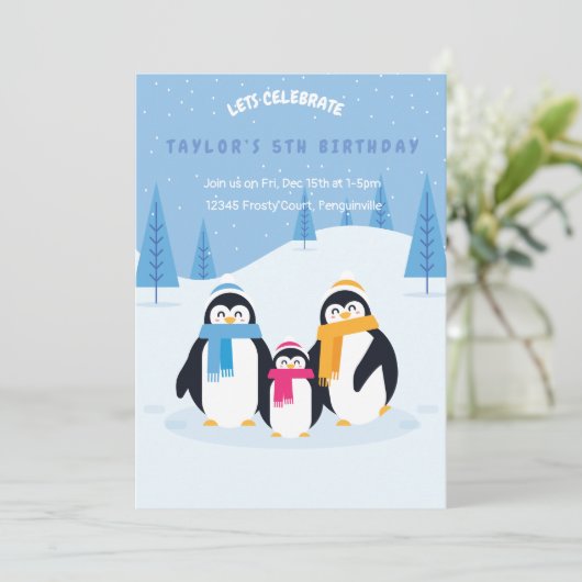 かわいいペンギンの冬の誕生日の招待状 招待状 (スタンド正面)