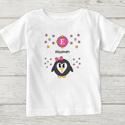かわいいペンギンの名前の星 黄色 ピンク ベビーTシャツ