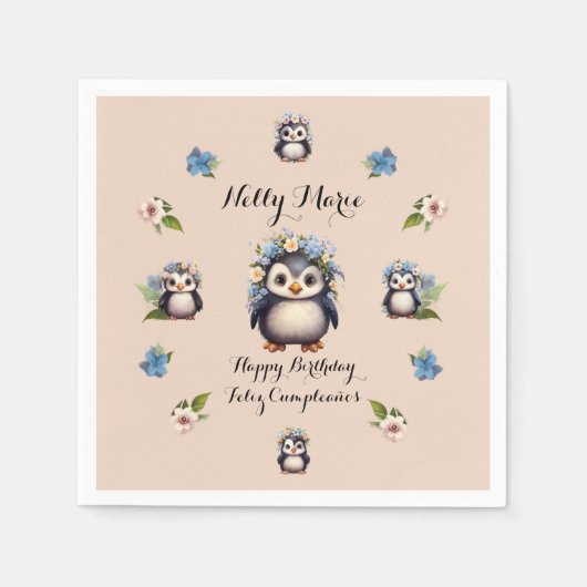 かわいいペンギンの名前バイリンガル文字フェリズクンプレーニョ スタンダードカクテルナプキン (正面)