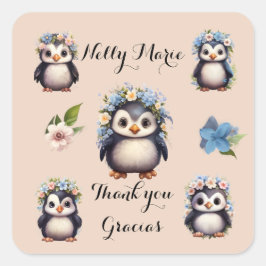 かわいいペンギンの名前バイリンガルGraciasありがとう スクエアシール