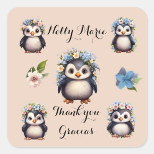 かわいいペンギンの名前バイリンガルGraciasありがとう スクエアシール