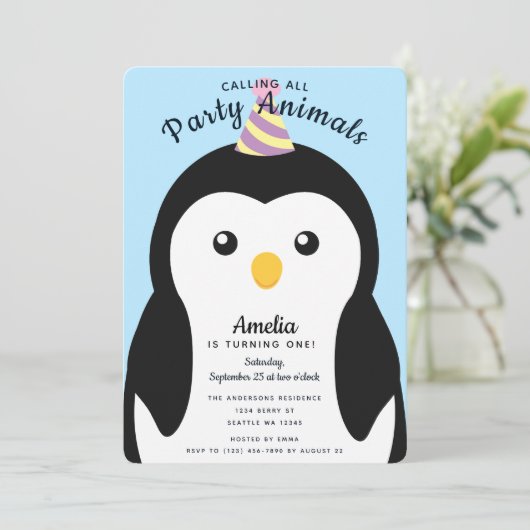 かわいいペンギンの子供の誕生日パーティー 招待状 (スタンド正面)