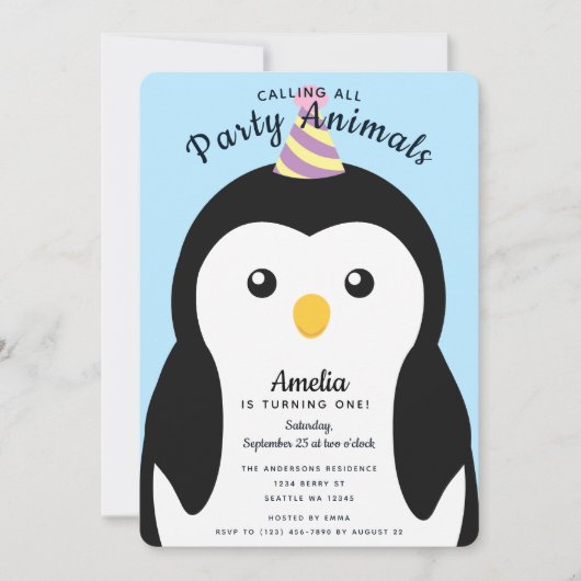 かわいいペンギンの子供の誕生日パーティー 招待状 (正面)
