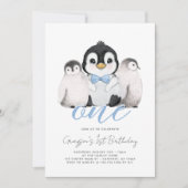 かわいいペンギンの子供の1歳の誕生日 招待状 (正面)