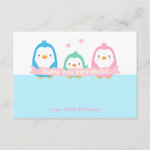 かわいいペンギンの家族のベビーシャワーお礼カード サンキューカード