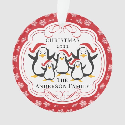 かわいいペンギンの家族5人 クリスマス オーナメント (正面)