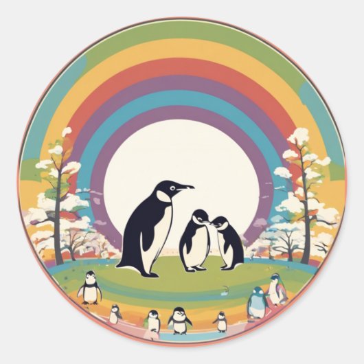 かわいいペンギンの家族 ラウンドシール (正面)