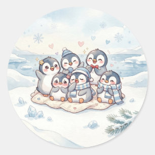 かわいいペンギンの家族 冬ステッカー ラウンドシール