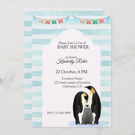 かわいいペンギンの家族 招待状 (正面/裏面)