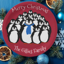 かわいいペンギンの家族 楽しいクリスマスパーティーのプレート