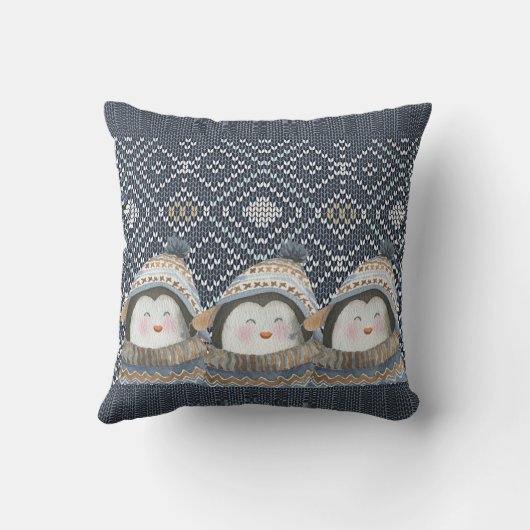 かわいいペンギンの居心地の良い冬のニットパターン クッション (裏面)