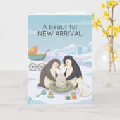 かわいいペンギンの新米ベビー | 美しい新米ベビー カード (黄色い花)