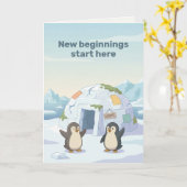 かわいいペンギンの最初のイグルー | 新しい始まり カード (黄色い花)