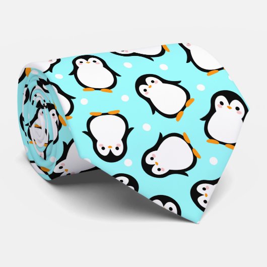 かわいいペンギンの柄ターコイズ柄 ネクタイ (ロール)