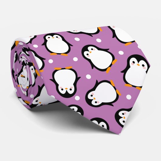 かわいいペンギンの模様 紫のデザイン ネクタイ (ロール)