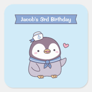 かわいいペンギンの水兵さん キッズの誕生日お祝いに スクエアシール