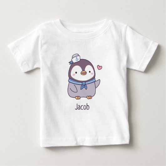 かわいいペンギンの水兵クルー 名前入り ベビーTシャツ (正面)