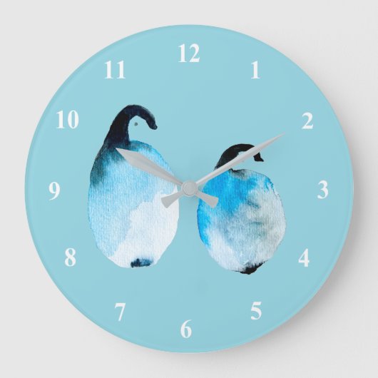 かわいいペンギンの水彩画アート ラージ壁時計 (正面)