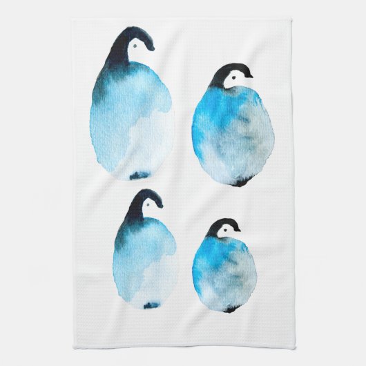 かわいいペンギンの水彩画 キッチンタオル (縦)