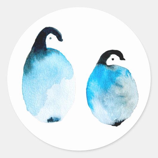 かわいいペンギンの水彩画 ラウンドシール (正面)