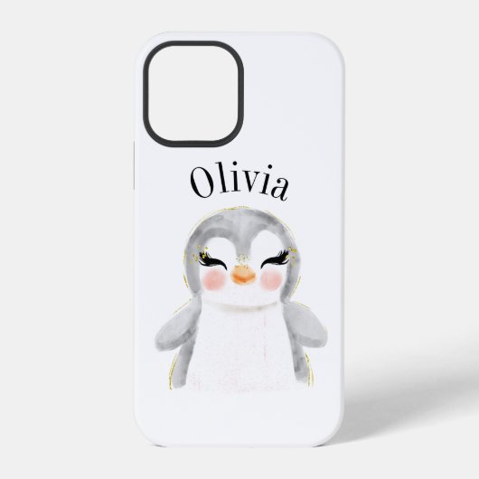 かわいいペンギンの水彩画 名前入り モダン iPhoneケース (裏面)