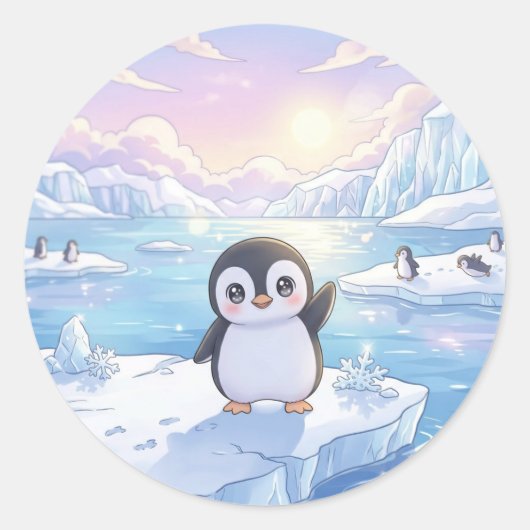 かわいいペンギンの氷山ステッカー ラウンドシール (正面)