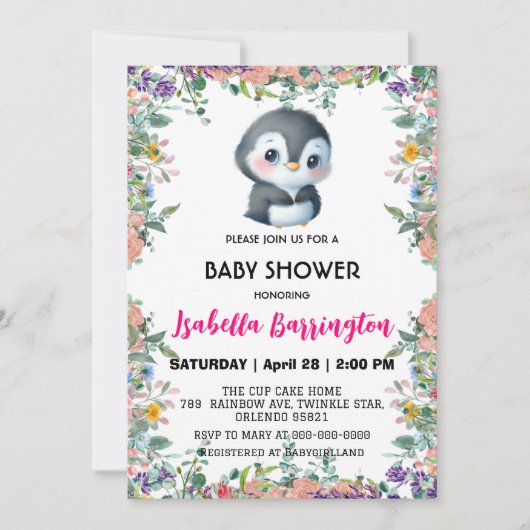 かわいいペンギンの甘いカラフルの花の赤ちゃんシャワーキッド 招待状 (正面)