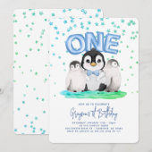 かわいいペンギンの男の子 初誕生日 招待状 (正面/裏面)