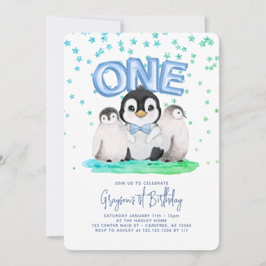 かわいいペンギンの男の子 初誕生日 招待状 (正面)