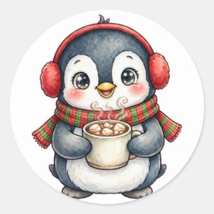 かわいいペンギンの耳当てホットココアクリスマスステッカー ラウンドシール