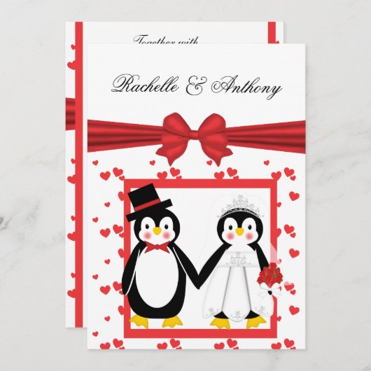 かわいいペンギンの花嫁及び新郎の結婚式招待状 招待状 (正面/裏面)