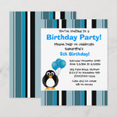 かわいいペンギンの誕生日の青い縞のパーティの招待状 招待状 (正面/裏面)