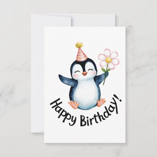 かわいいペンギンの誕生日デザイン パーティー帽子付き サンキューカード (正面)