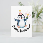かわいいペンギンの誕生日デザイン パーティー帽子付き サンキューカード (スタンド正面)