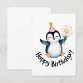 かわいいペンギンの誕生日デザイン パーティー帽子付き サンキューカード (正面/裏面)