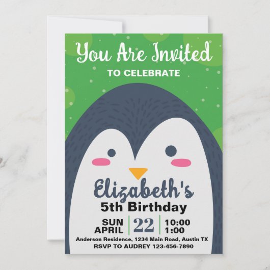 かわいいペンギンの誕生日パーティー招待状 招待状 (正面)